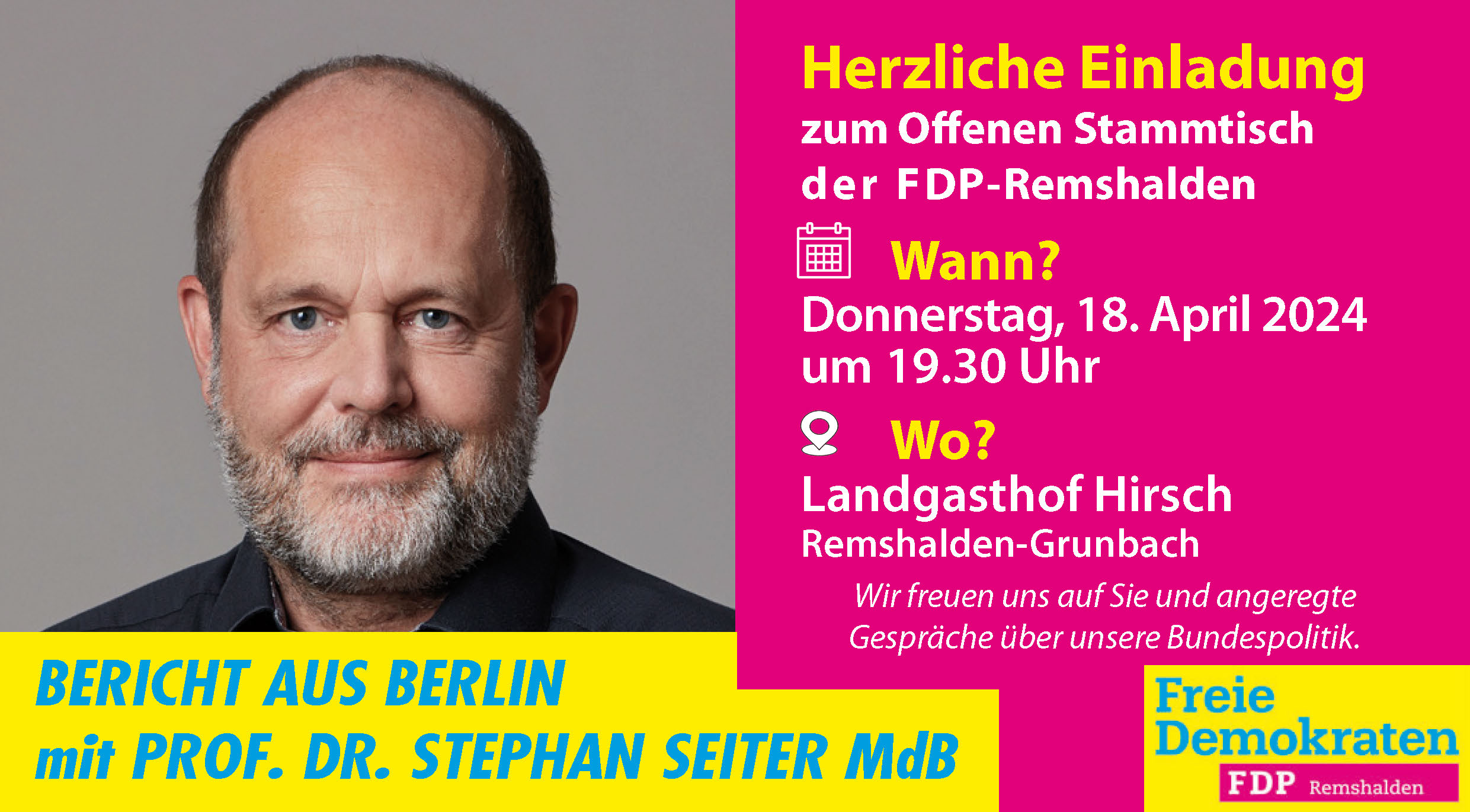Offener Stammtisch - Bericht aus Berlin mit Prof. Dr. Stephan Seiter MdB @ Landgasthof Hirsch Grunbach